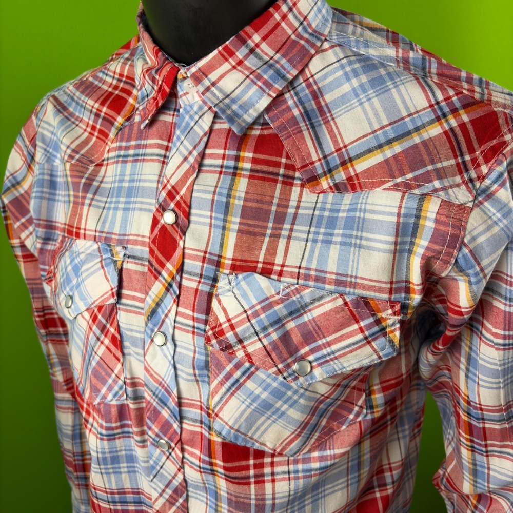 Casual Country Mens Medium Red Blue Plaid Western Pearl Snap Shirt Long Sleeve